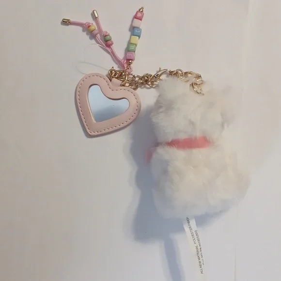 Pink & White Plush Teddy Keychain Bag Charm - Cute Heart Accent - Picture 4 of 6